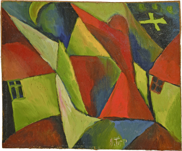 Arnold Topp  : Landschaft mit roter Figur und Kreuz , 1918. 