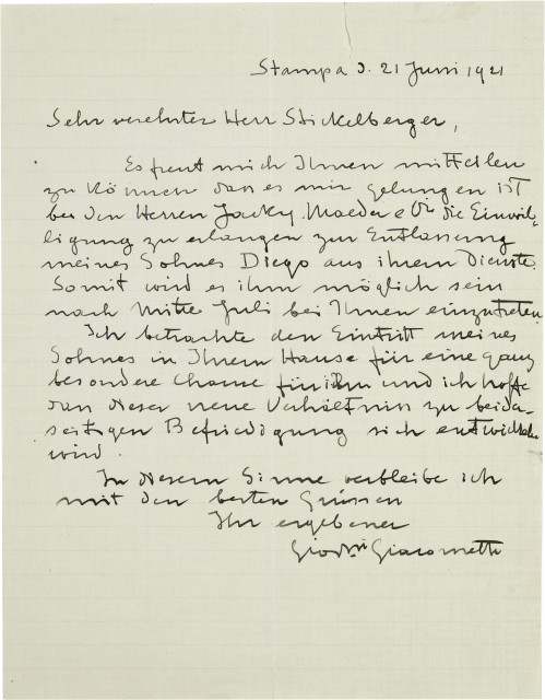 Giovanni Giacometti  : Handschriftlicher Brief an Emanuel  ..., 1921 